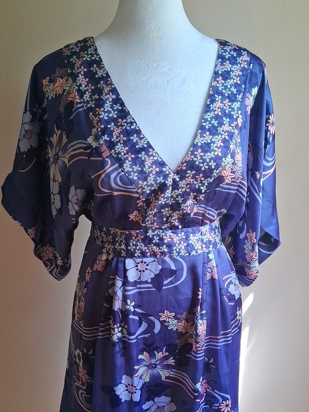 H&M Purple Floral Satin Midi Dress with Pink & Cream Accents